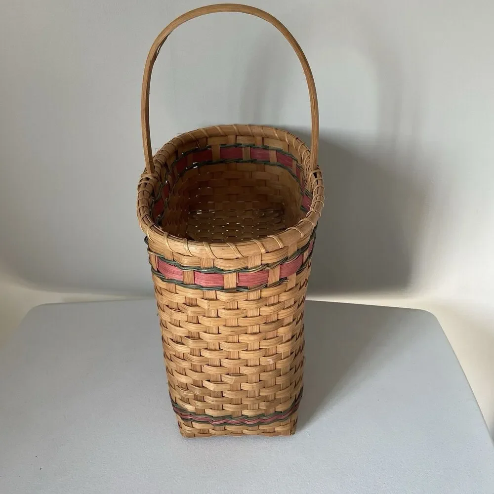 Vintage Rustic Country Woven Stair Basket Cottagecore Tan Red Green 13' x 14'
